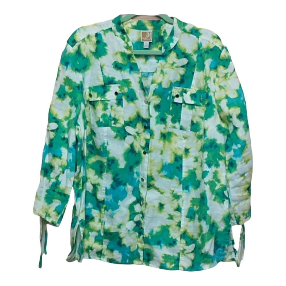 JM Collection Size 16 Linen Button Up Watercolor Shirt Vacation Beach Coastal